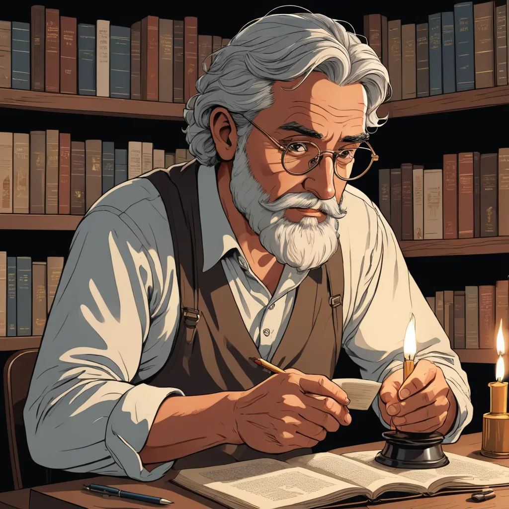 a man sitting at a table with a book and a candle in front of him and a bookcase behind him, academic art, a storybook illustration, Dan Mumford, high detail illustration