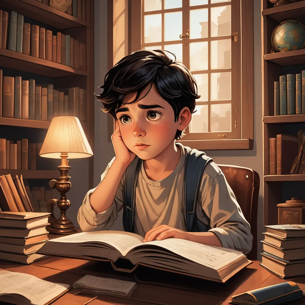a boy sitting at a desk with a book in front of him and a lamp on the table behind him, fantasy art, a storybook illustration, Diego Gisbert Llorens, rossdraws global illumination
