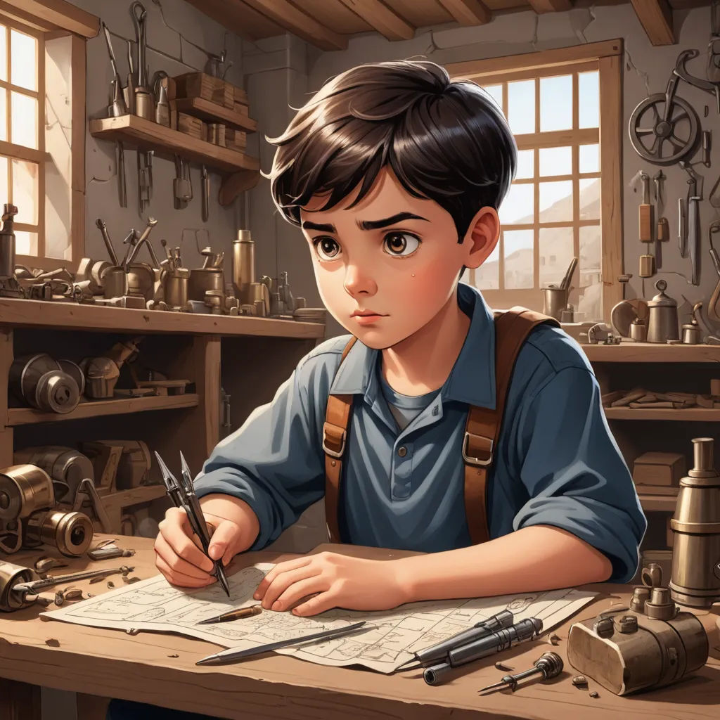 a boy is sitting at a table with a pen and paper in his hand and a lot of tools around him, fantasy art, a storybook illustration, Alejandro Burdisio, trending on art station