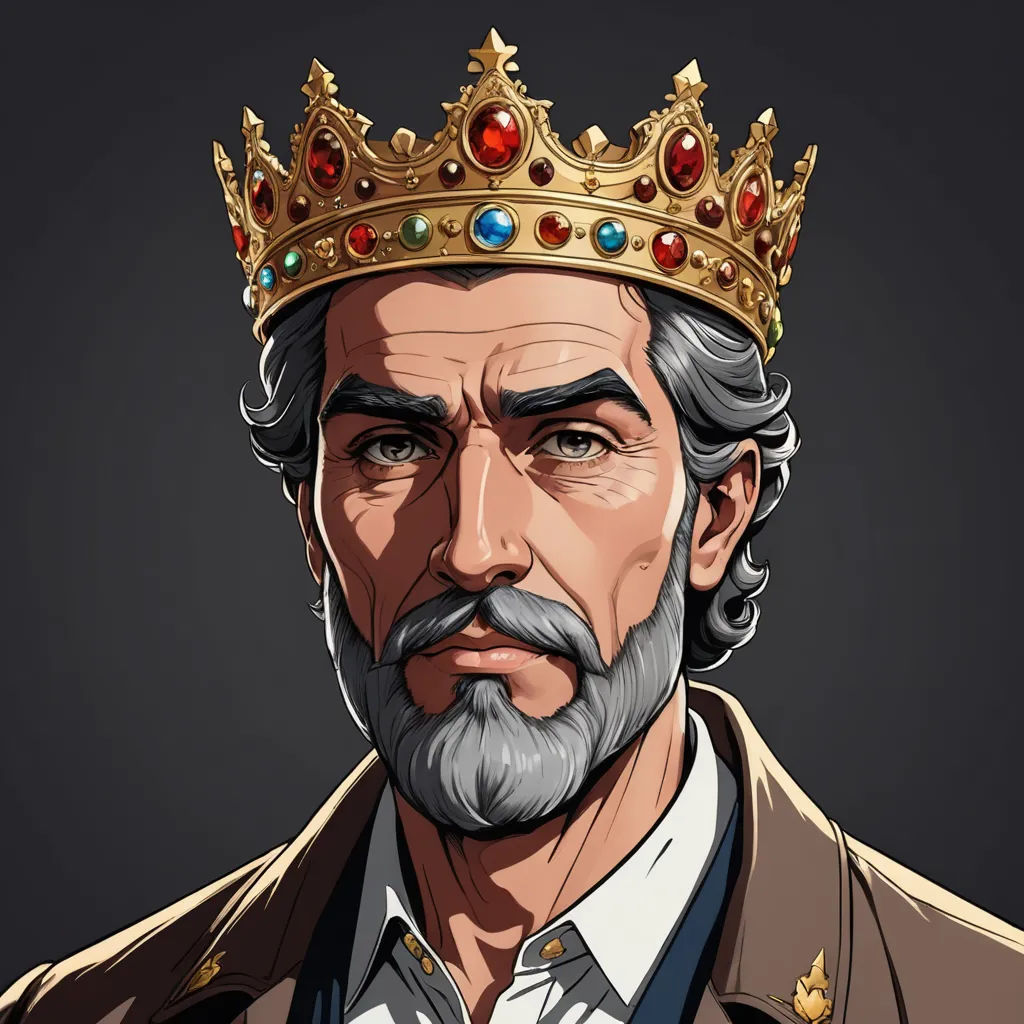 a man with a crown on his head and a beard and a beard in a suit and tie, with a black background, sots art, a character portrait, Cedric Seaut (Keos Masons), character portrait