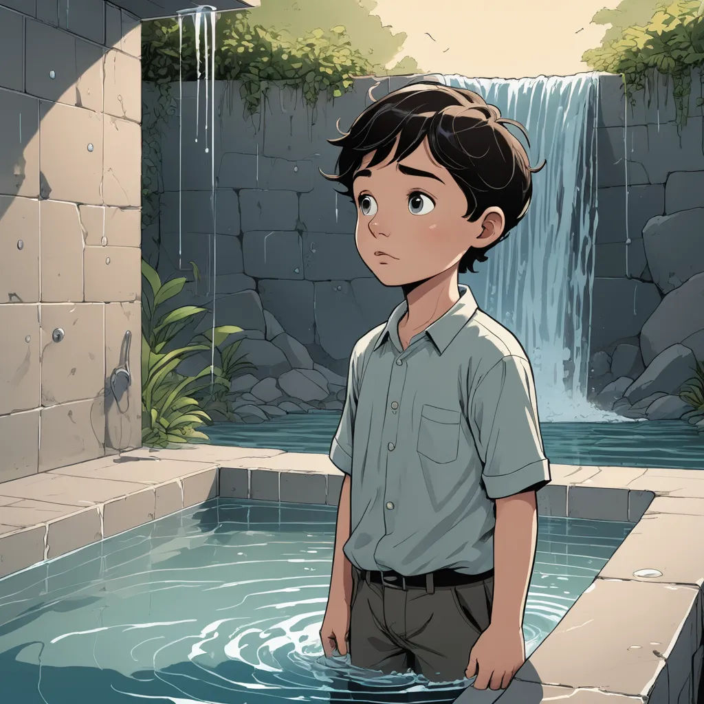 a boy standing in a pool of water with a waterfall in the background and a waterfall in the background, serial art, a comic book panel, Cliff Childs, rossdraws global illumination