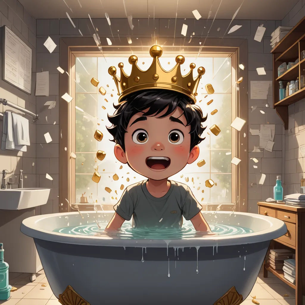a boy in a bathtub with a crown on his head and a stream of water coming out of the tub, sots art, a storybook illustration, Diego Gisbert Llorens, crown
