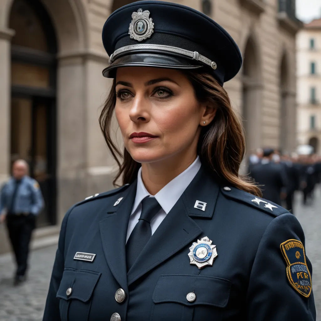 a woman in a police uniform standing in front of a building with people walking by on the sidewalk and a man in a suit and tie, arte povera, a character portrait, Clarice Beckett, promotional image