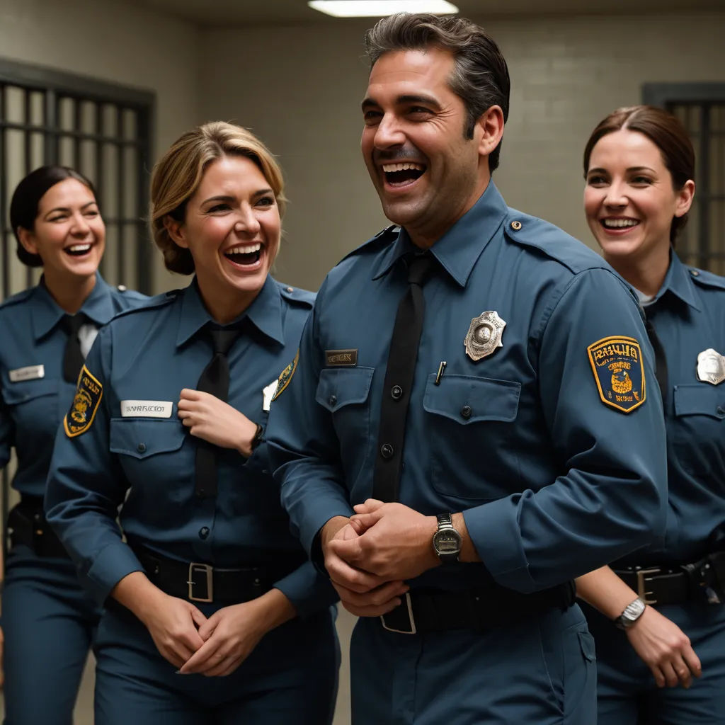 a group of police officers standing next to each other smiling and laughing together in a hallway with bars in the background, incoherents, a stock photo, Felix-Kelly, promotional image