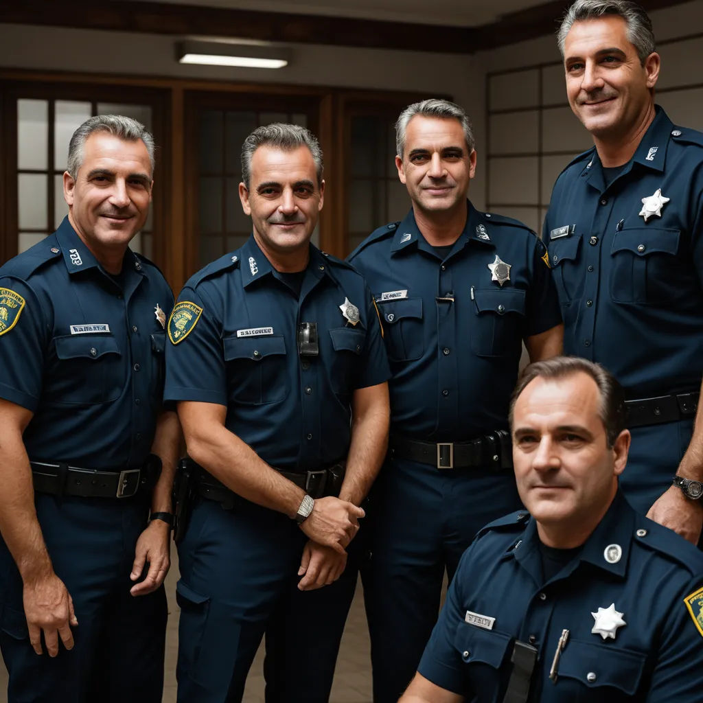 a group of men in police uniforms posing for a picture together in a room with a door and a window, assemblage, a stock photo, David Budd, from scene from twin peaks