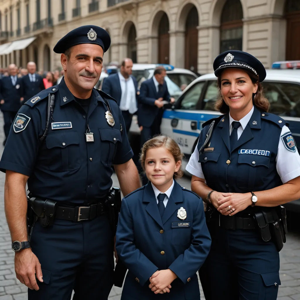 a man and a woman in police uniforms standing next to a little boy in a blue suit and tie, paris school, a stock photo, Daphne Fedarb, promotional image
