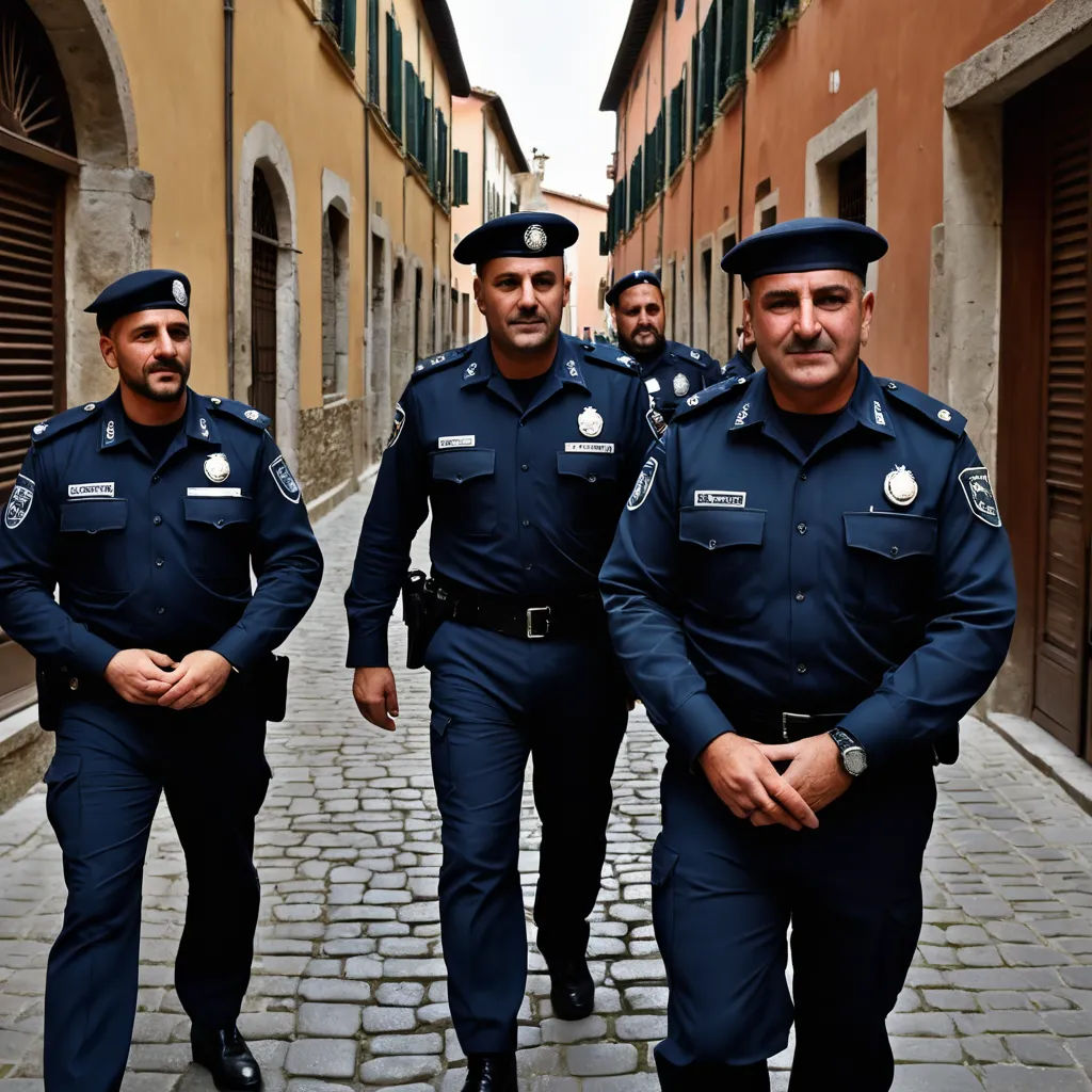 three police officers are walking down a cobblestone street in italy, with one of them wearing a blue uniform, unilalianism, a stock photo, Avgust Černigoj, award - winning photography