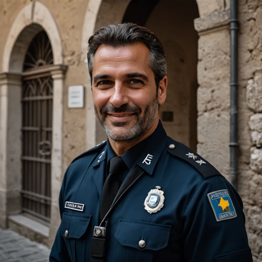 a man in a uniform standing in front of a building with a door and a window behind him smiling, unilalianism, a character portrait, Enrico Baj, professional photo