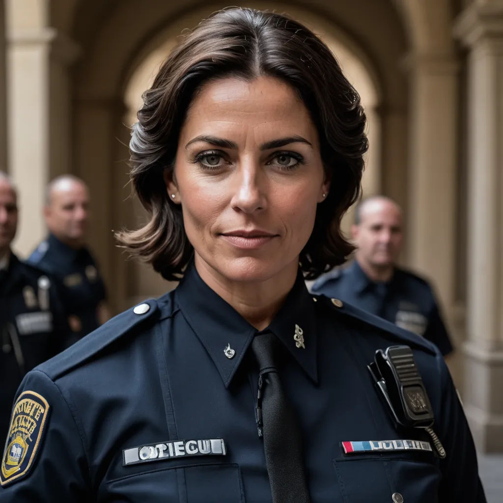 a woman police officer in uniform standing in front of a group of men in uniform in a hallway of a building, arbeitsrat für kunst, a character portrait, Eva Gonzalès, promotional image