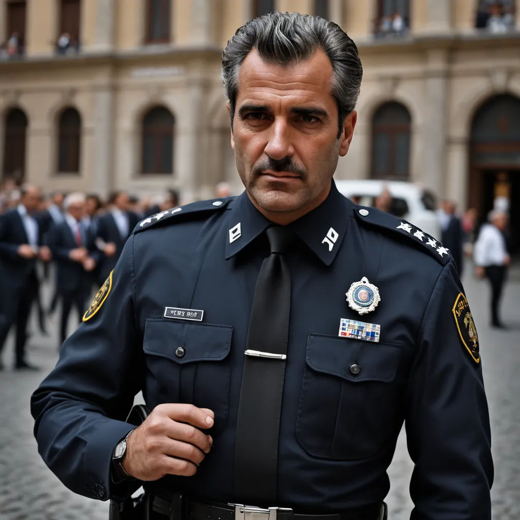 a man in a police uniform standing in front of a building with a crowd of people in the background, excessivism, a character portrait, Abdullah Gërguri, tom of finland