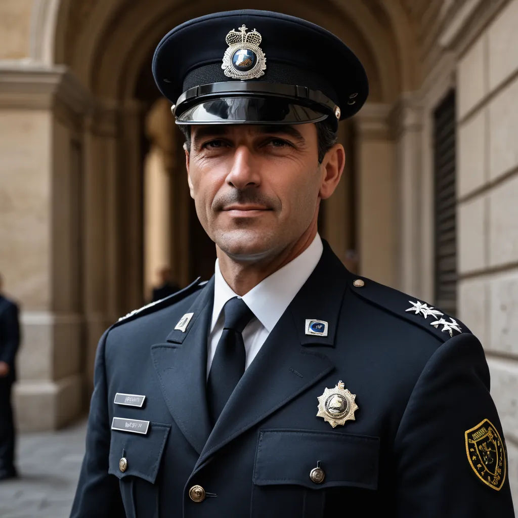 a man in a police uniform standing in front of a building with a man in a suit and tie, art informel, a character portrait, Bernat Sanjuan, professional photo