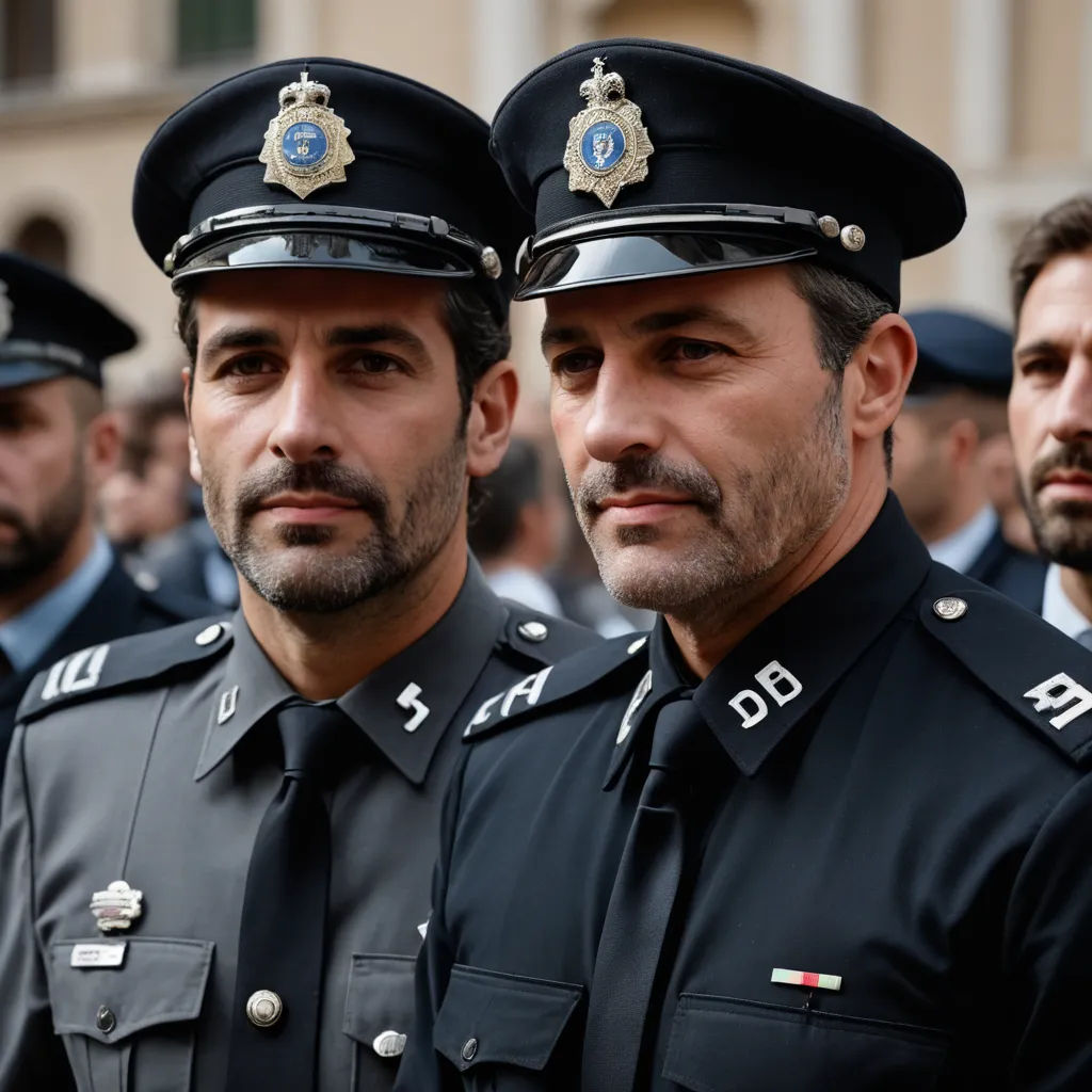 two police officers standing next to each other in uniform with a crowd of people behind them in the background, incoherents, a stock photo, Coppo di Marcovaldo, tom of finland