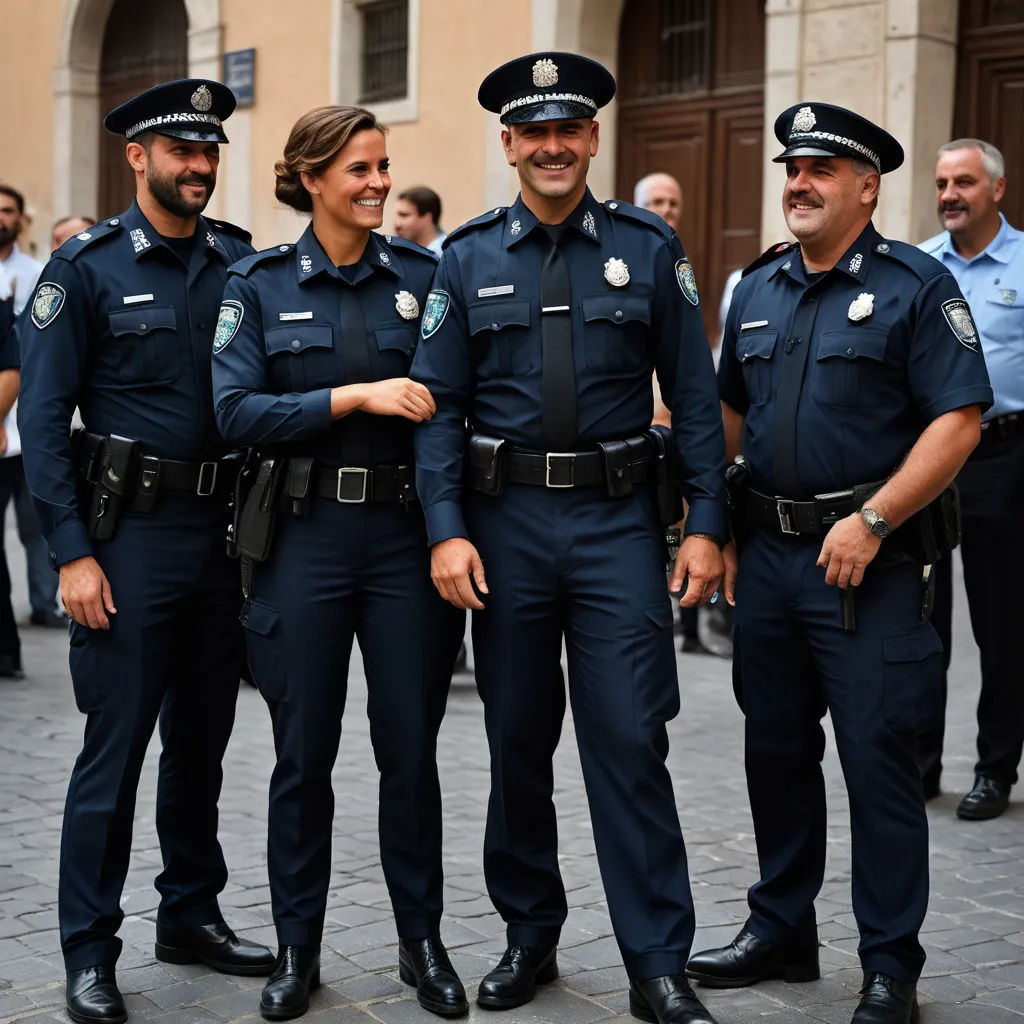 a group of police officers standing next to each other on a street corner with people in the background looking at the camera, antipodeans, a stock photo, Edi Rama, professional photo