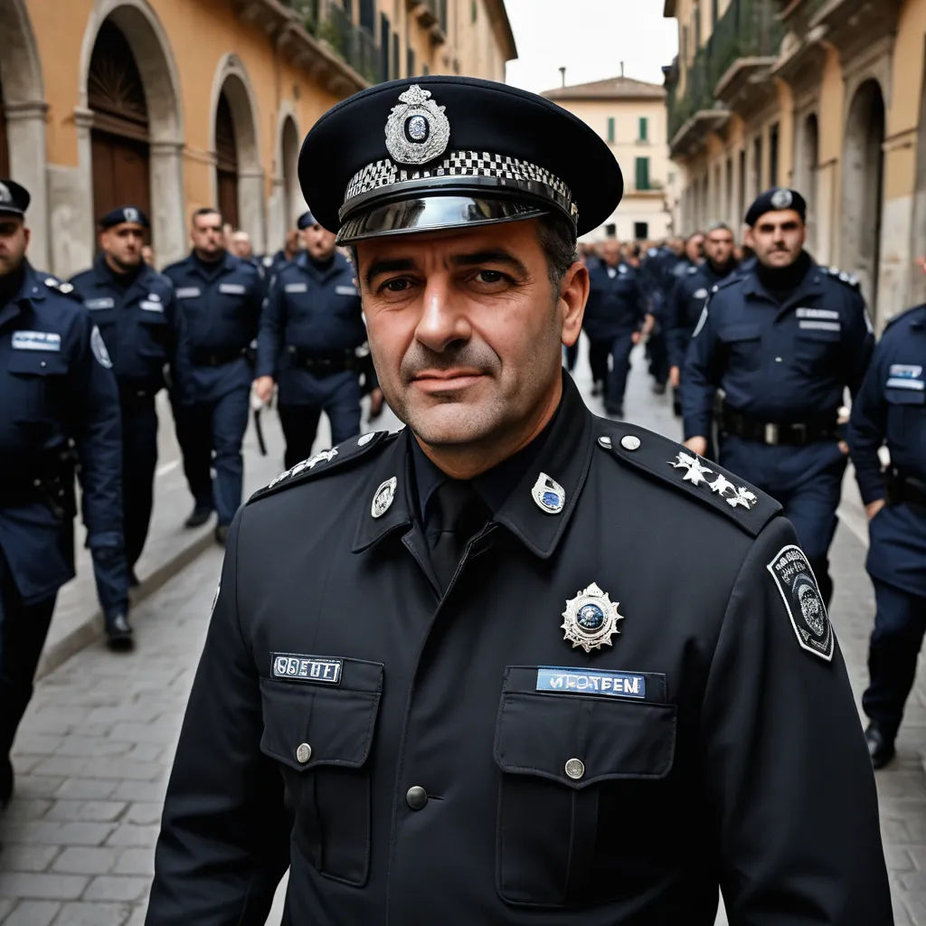 a man in a police uniform is walking down the street with other men in the background and a building in the background, incoherents, a stock photo, Constantine Andreou, professional photo