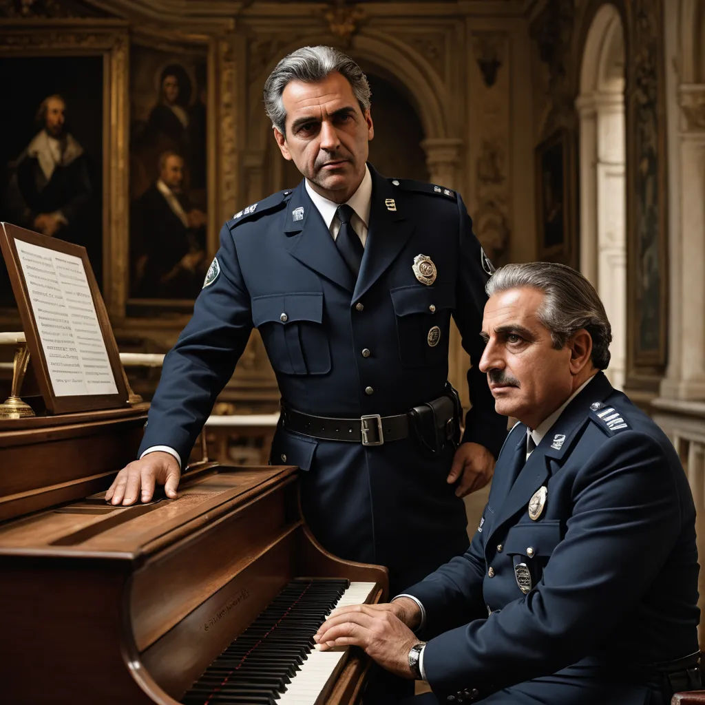 a man in uniform standing next to a piano and a man in uniform sitting next to it with a piano, viennese actionism, a poster, Arthur Sarkissian, promotional image