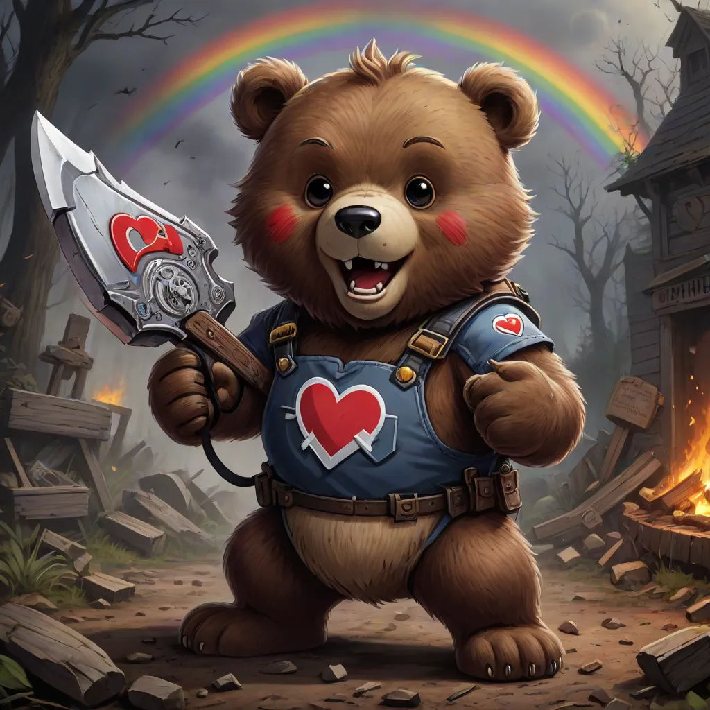 a bear holding a giant knife in a forest with a rainbow in the background and a house on fire, Chris Rahn, furry art, a character portrait, magic the gathering artwork