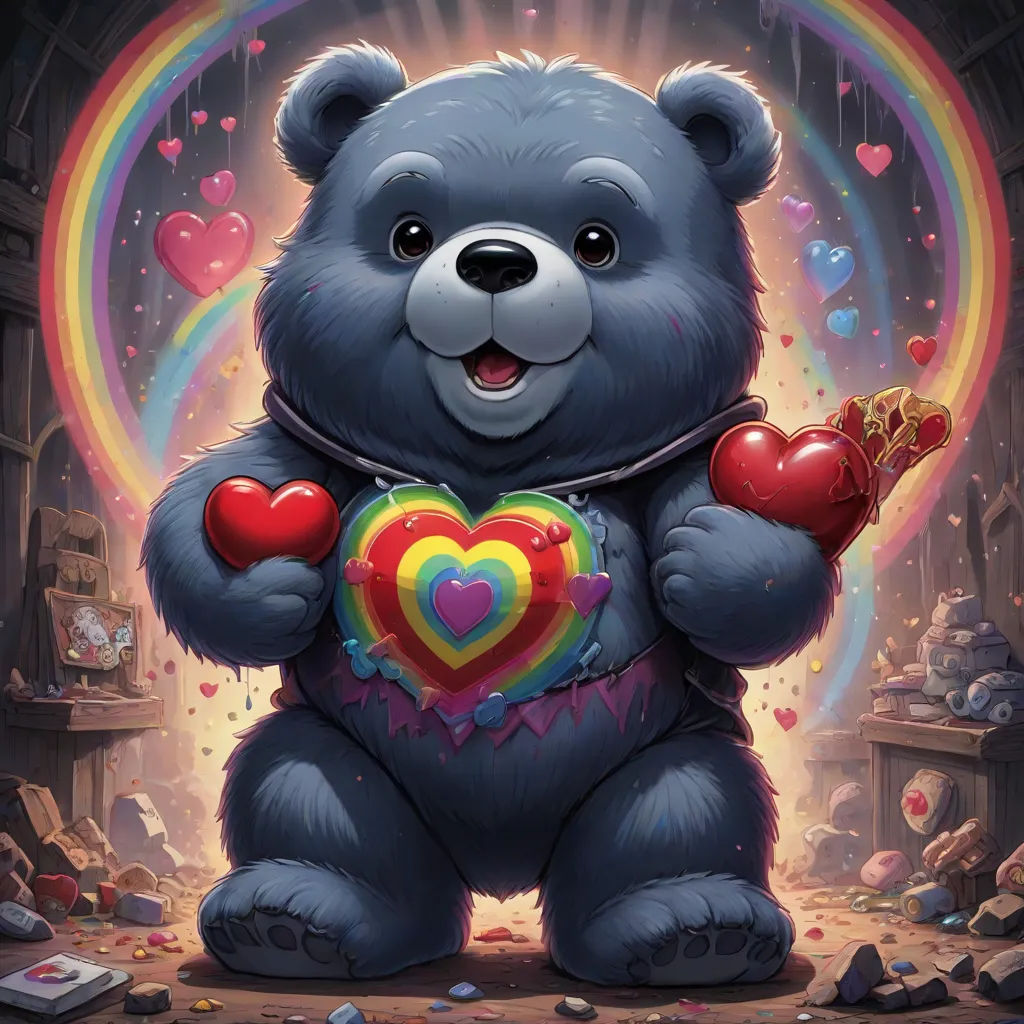 a large blue teddy bear holding a heart shaped balloon in his paws and a rainbow heart in his chest, Alex Horley, altermodern, a character portrait, hearthstone