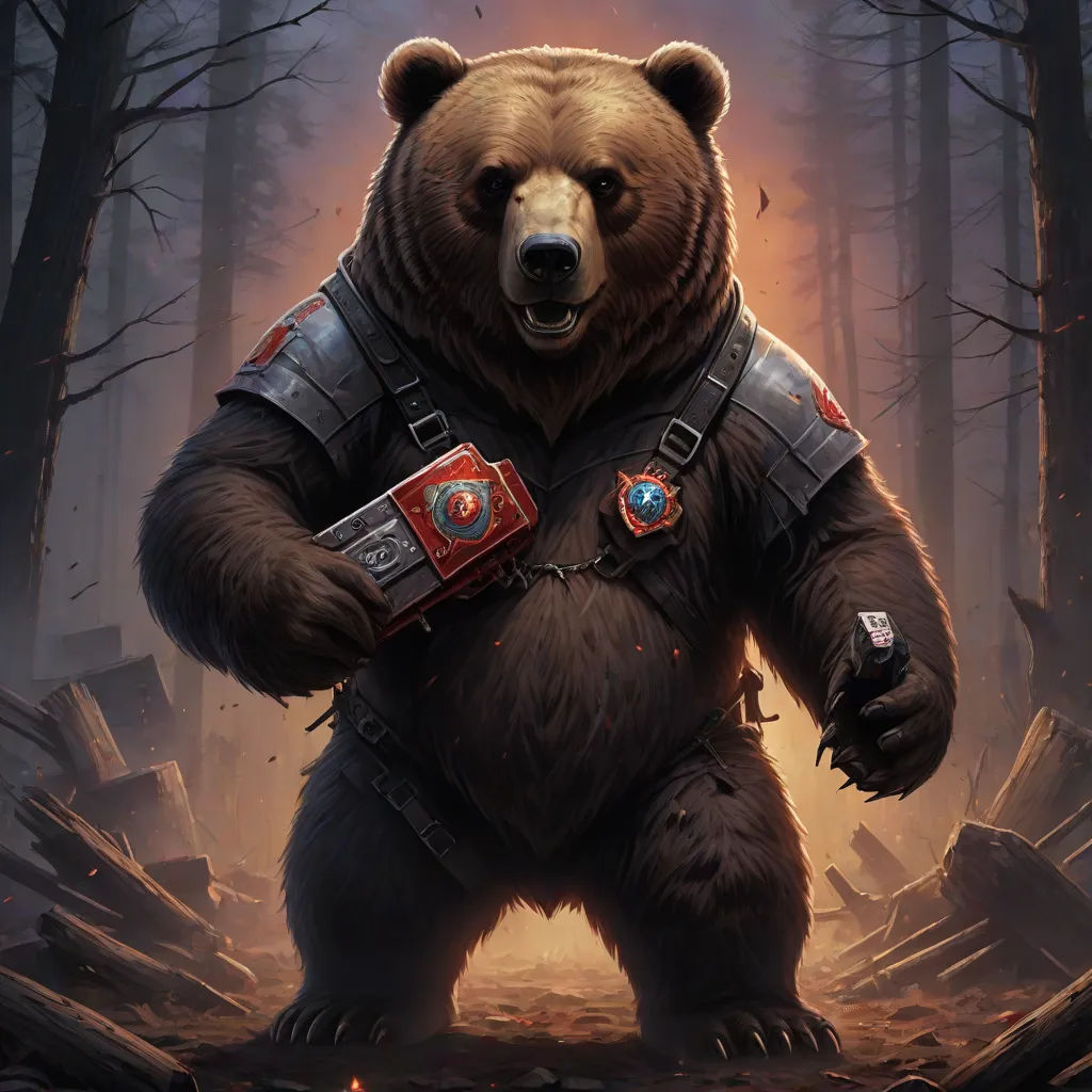 a bear with a chest and a belt around its neck in a forest with trees and rocks, with a glowing light behind it, Dan Mumford, sots art, concept art, magic the gathering artwork