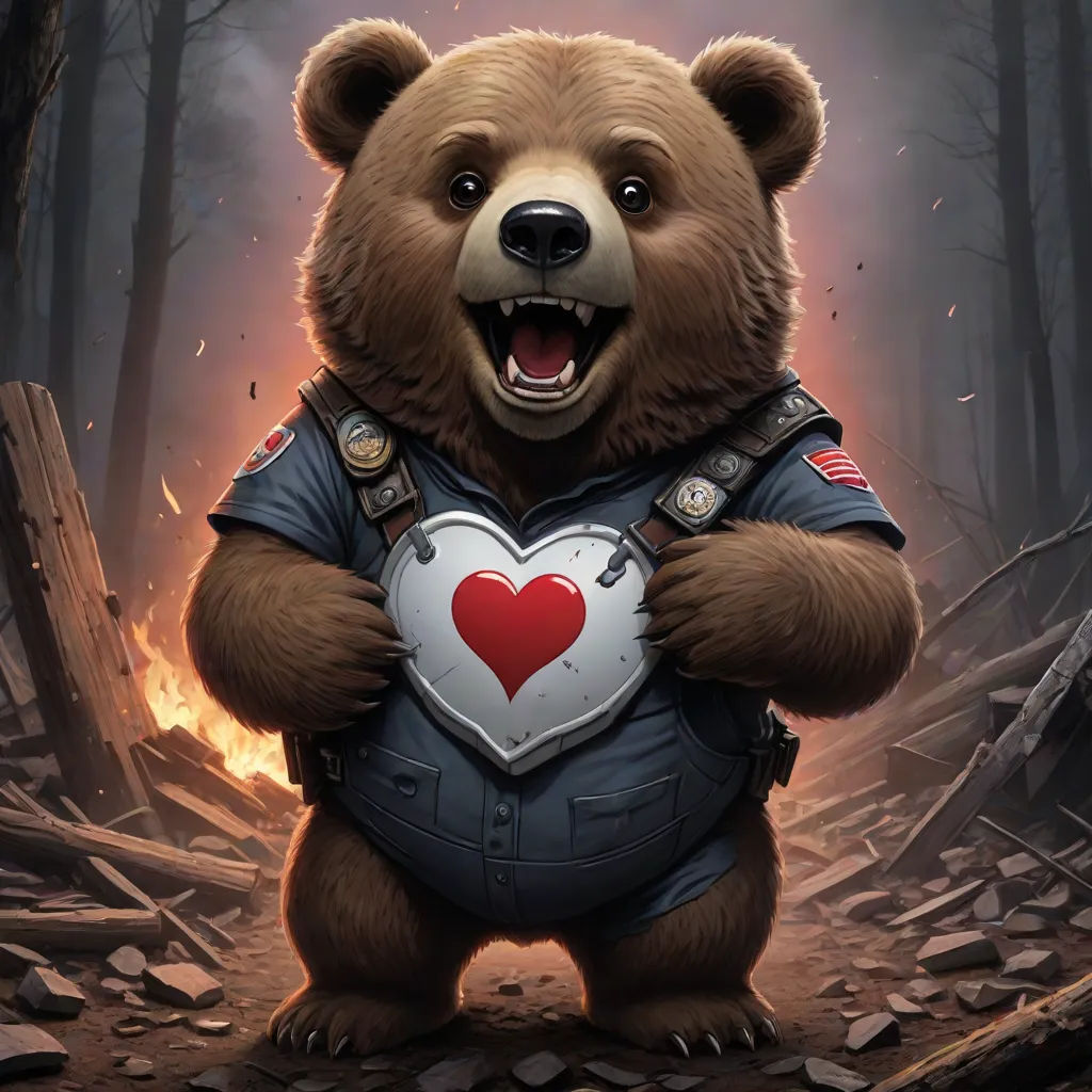 a bear with a heart in its chest standing in a forest with a fire in the background and a heart in its chest, Dan Mumford, fantasy art, a character portrait, magic the gathering artwork