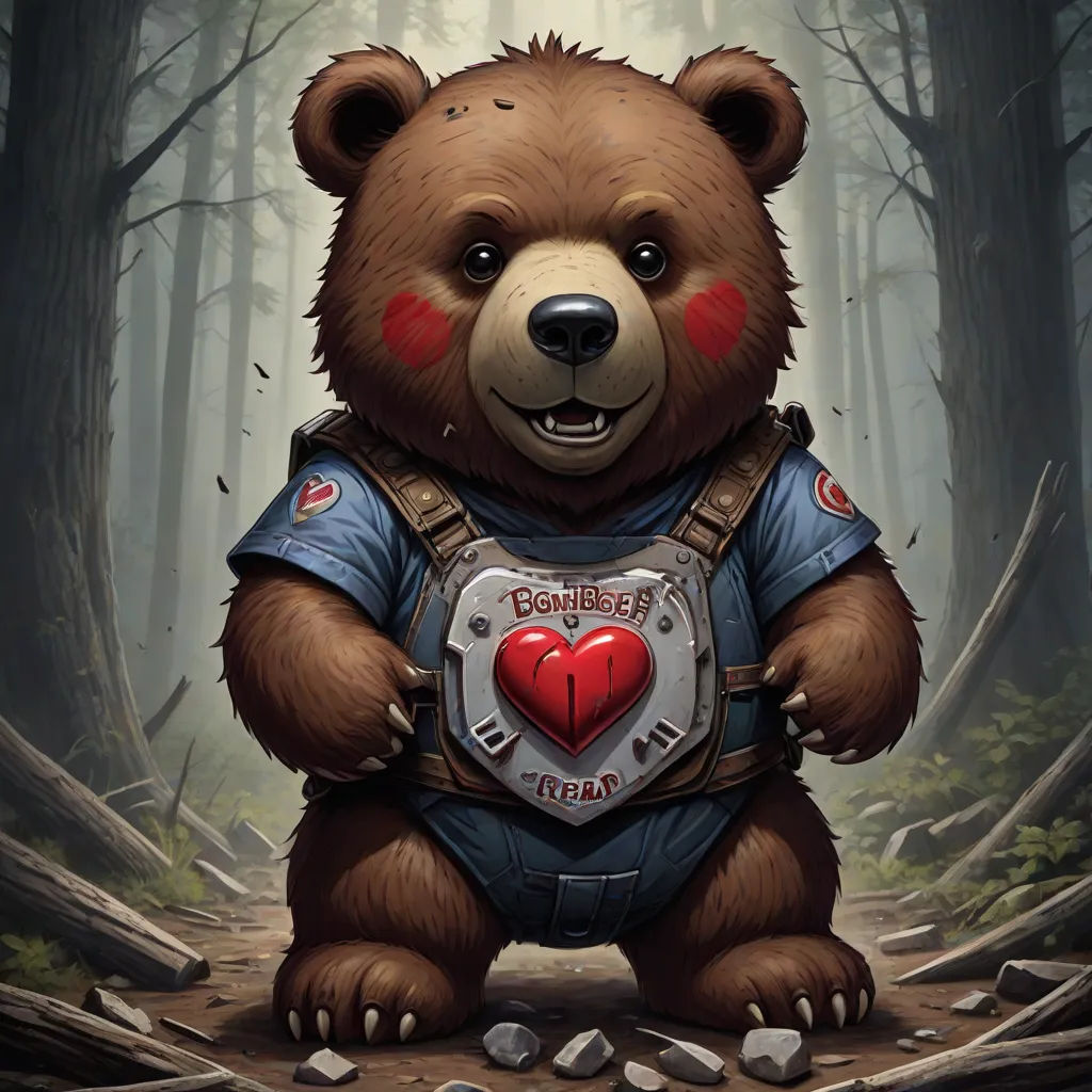 a bear with a heart on its chest standing in the woods with a heart on its chest and a badge on its chest, Chris Rallis, fantasy art, a character portrait, magic the gathering artwork
