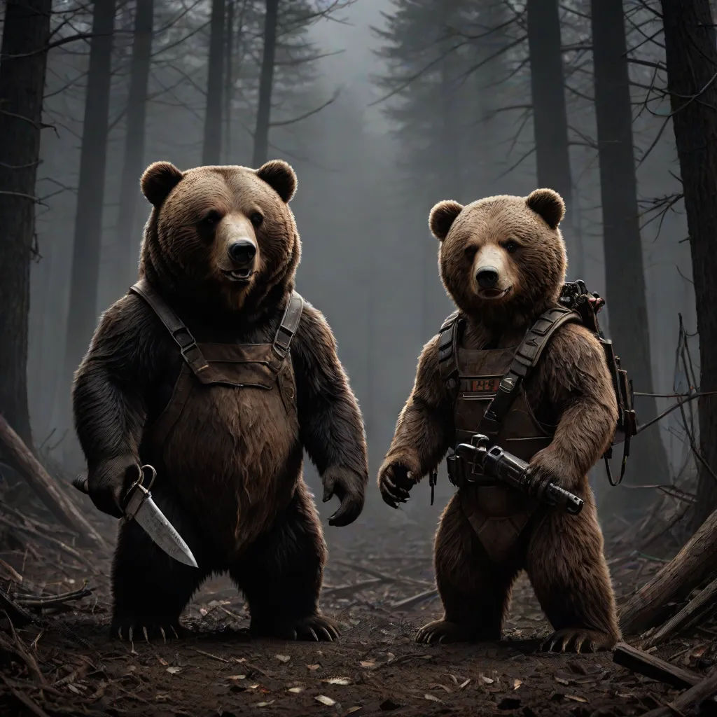 two bears standing in a forest with a knife and a sword in their hands and two of them are wearing backpacks, Chris LaBrooy, furry art, concept art, cgstudio