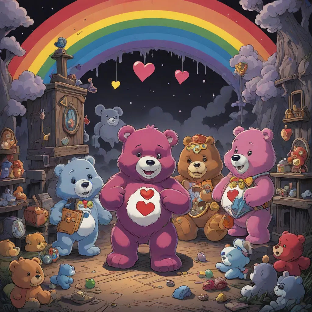 a group of teddy bears standing in front of a rainbow and clock tower with a rainbow in the background, Chris LaBrooy, pop surrealism, an album cover, official art
