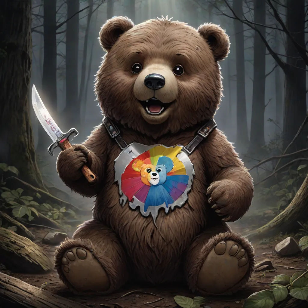 a bear holding a knife and a rainbow heart on it's chest in a forest with trees and leaves, Esao Andrews, altermodern, a character portrait, magic the gathering artwork