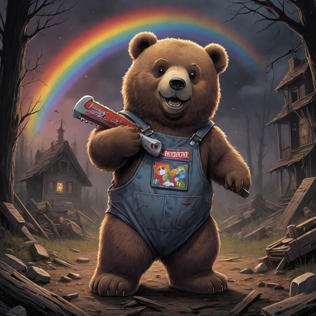 a bear with a tool in his hand and a rainbow in the background with a house on the other side, Dan Mumford, sots art, concept art, magic the gathering artwork