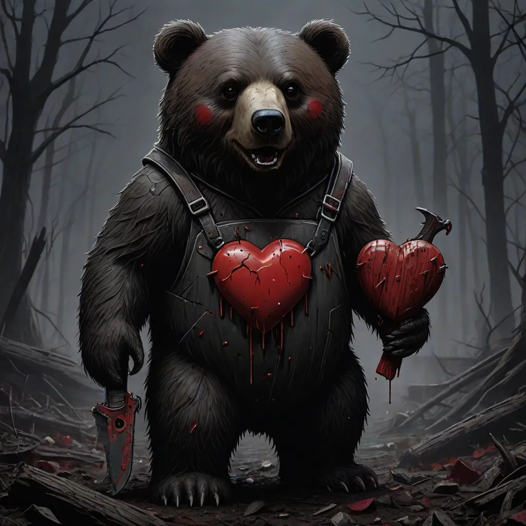 a bear with a heart and a knife in its hands in a forest with trees and leaves, holding a bloody heart, Dan Mumford, gothic art, a character portrait, magic the gathering artwork
