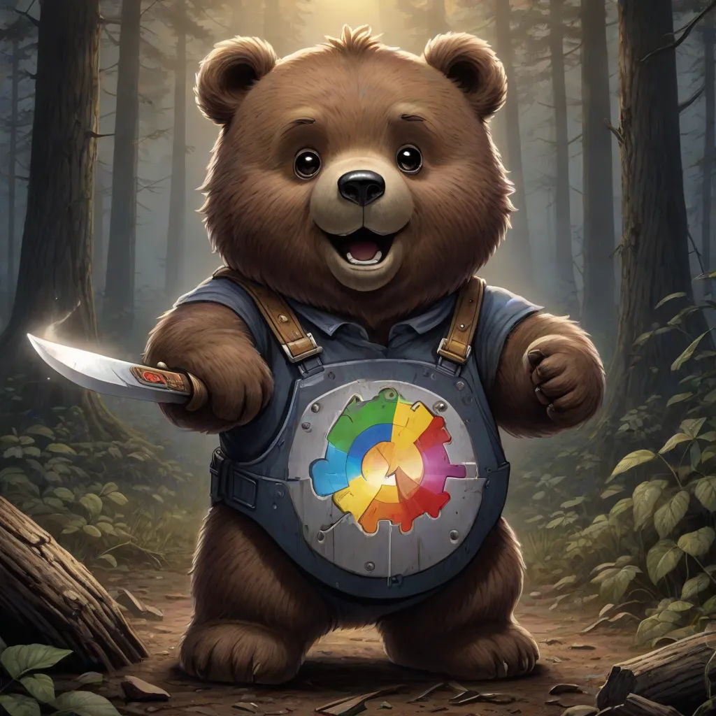 a bear holding a knife and a puzzle piece in its paws in a forest with trees and leaves on the ground, Chris LaBrooy, altermodern, a character portrait, magic the gathering artwork