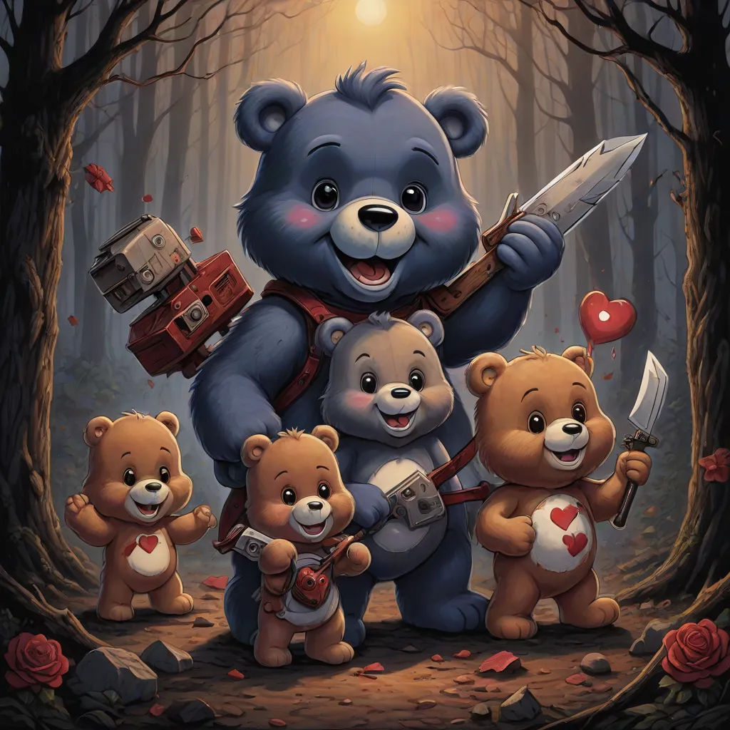 a painting of a bear with four bears holding a knife and a heart and a box with a heart on it, Dan Mumford, sots art, an album cover, key art