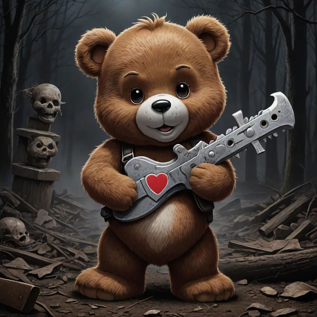 a teddy bear holding a guitar in a forest with skulls on the ground and a skull in the background, Chris LaBrooy, sots art, an album cover, key art