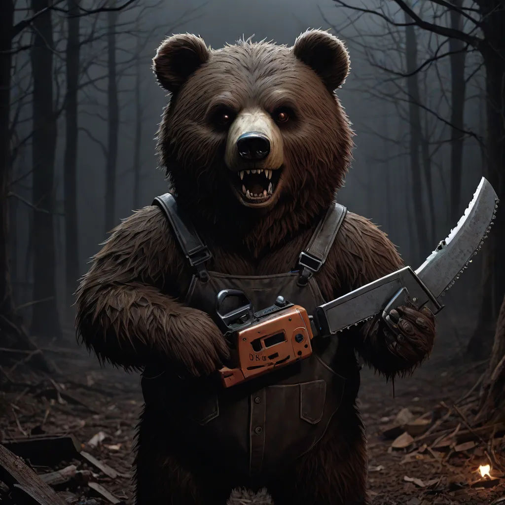 a bear with a chainsaw in a forest with trees and leaves in the background, with a flashlight in its hand, Chris LaBrooy, furry art, concept art, promotional image