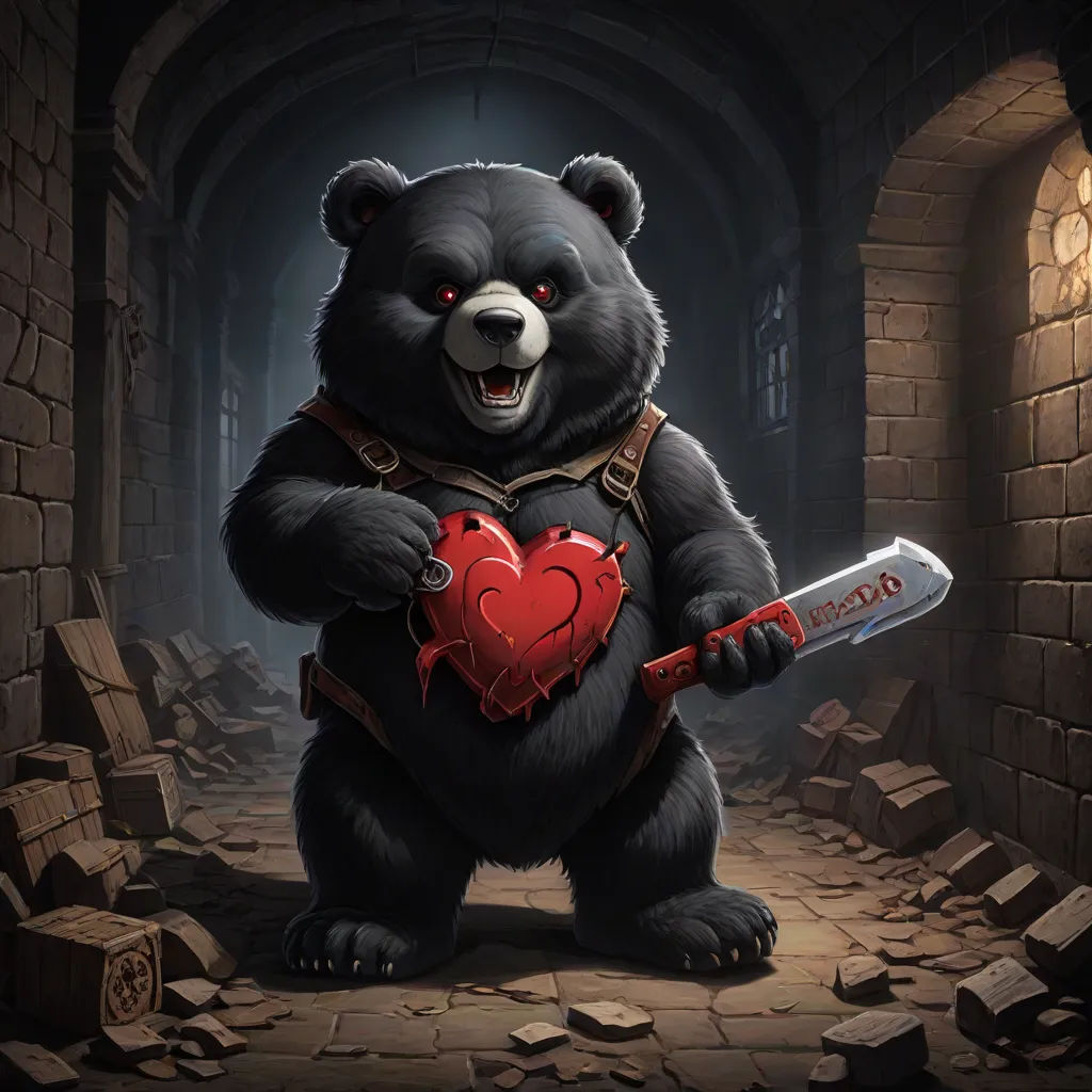 a bear holding a heart and a knife in a tunnel with bricks on the floor and a stone wall, Andreas Rocha, sots art, concept art, magic the gathering artwork