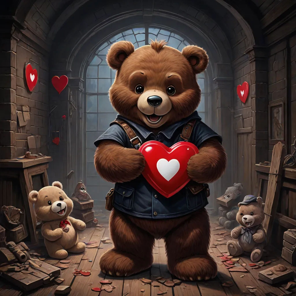a teddy bear holding a heart in a room with other teddy bears around it and a window in the background, Chris Rallis, fantasy art, a character portrait, magic the gathering artwork