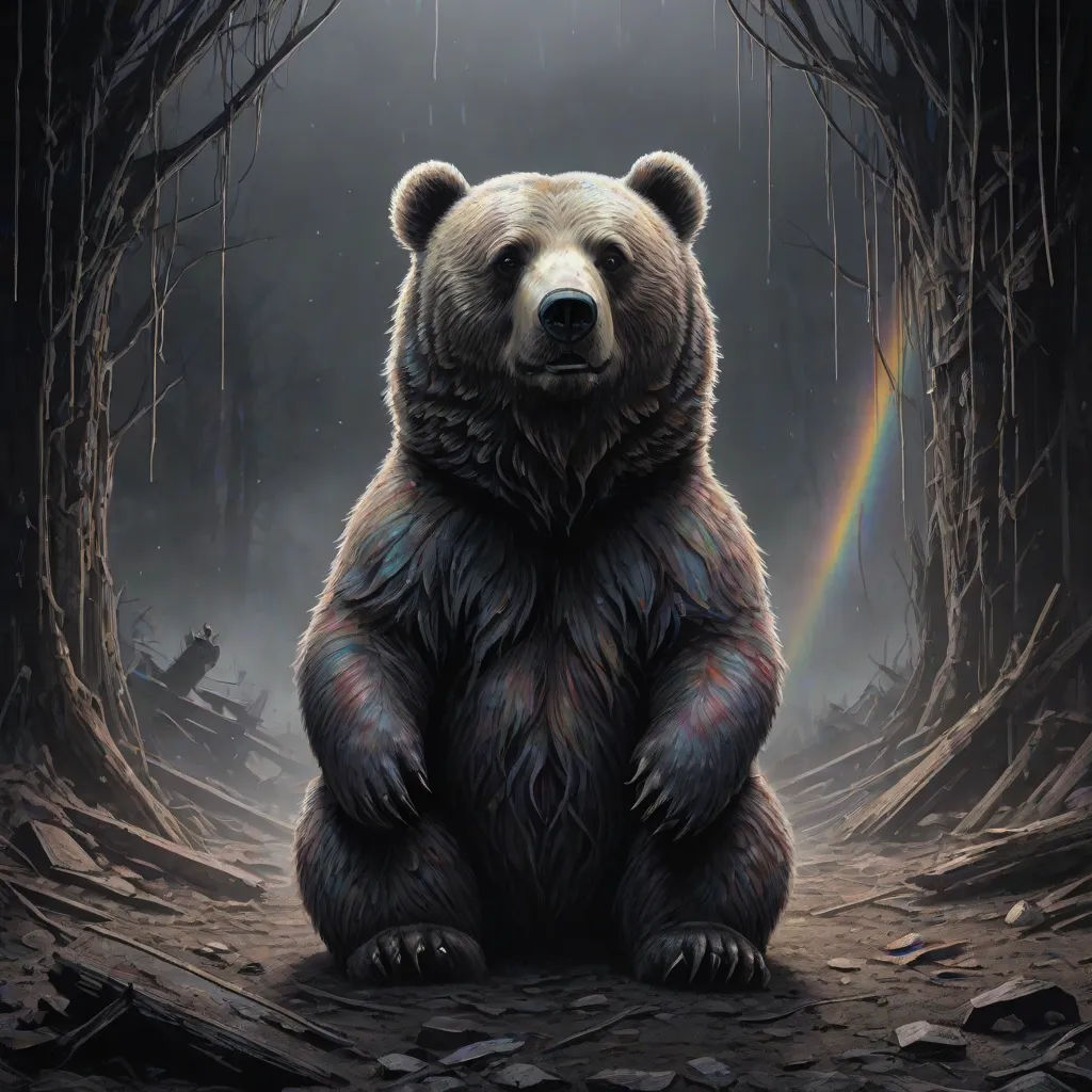 a bear sitting in a forest with a rainbow in the background and a dark sky behind it, with a rainbow in the middle, Dan Mumford, fantasy art, a digital painting, highly detailed digital painting