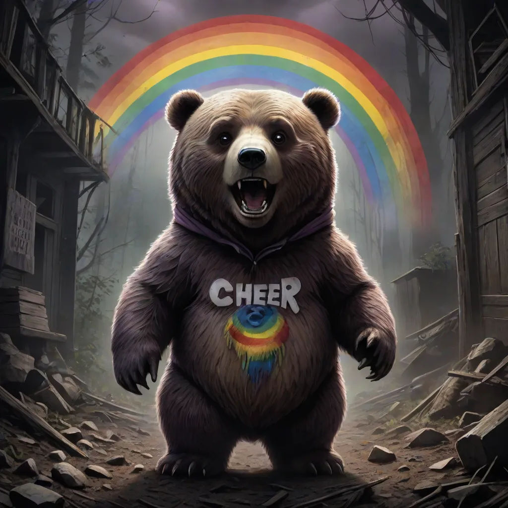 a bear with a rainbow on its chest and a cheer shirt on it's chest, standing in a forest with a rainbow in the background, Dan Mumford, pop surrealism, an album cover, cheerful