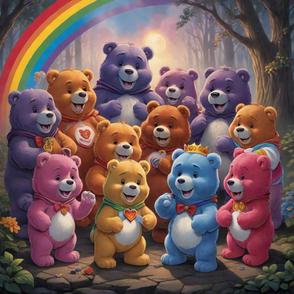 a group of teddy bears standing in front of a rainbow in the forest with trees and flowers on the ground, Chris LaBrooy, furry art, an album cover, official art