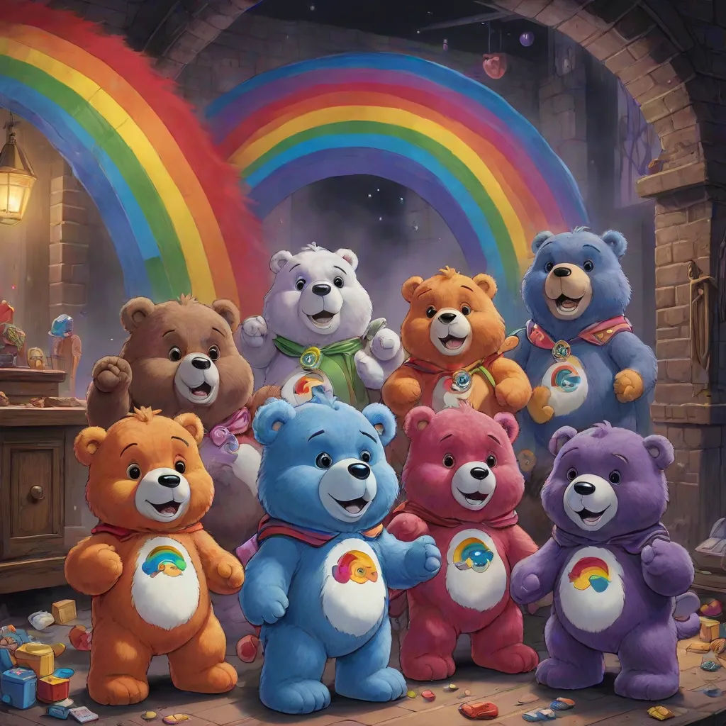 a group of teddy bears standing in front of a rainbow wallpapered wall with a rainbow in the background, Chris LaBrooy, furry art, concept art, official art