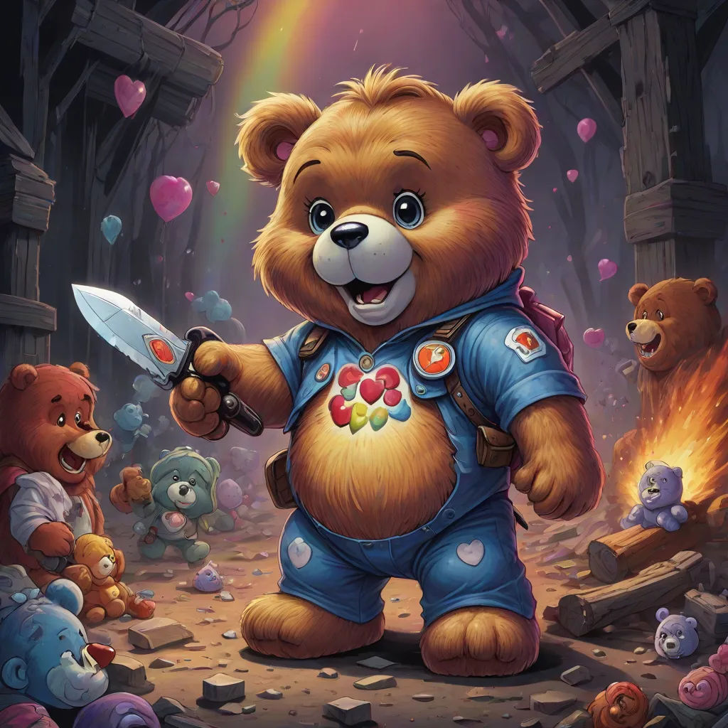 a painting of a teddy bear holding a knife and a knife in his hand with other teddy bears around him, Alex Horley, sots art, concept art, magic the gathering artwork