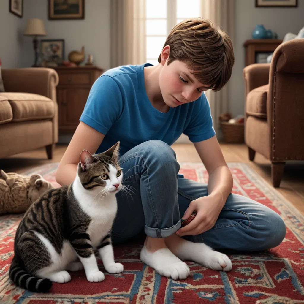a boy is petting a cat on the floor in a living room with a cat on the floor, photorealism, a stock photo, Daniel Lieske, promotional image