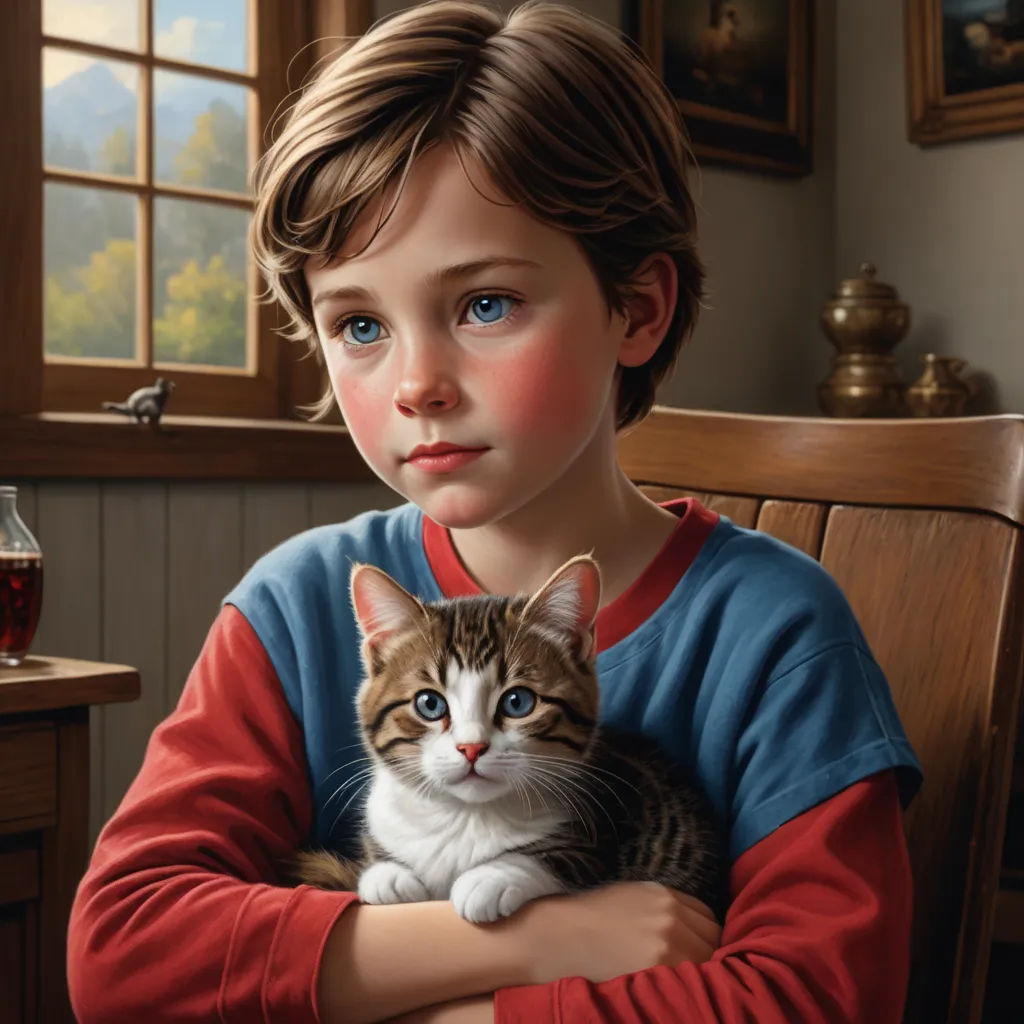 a painting of a boy holding a cat in his arms and looking at the camera with a surprised look on his face, photorealism, a storybook illustration, Bob Byerley, highly detailed digital painting