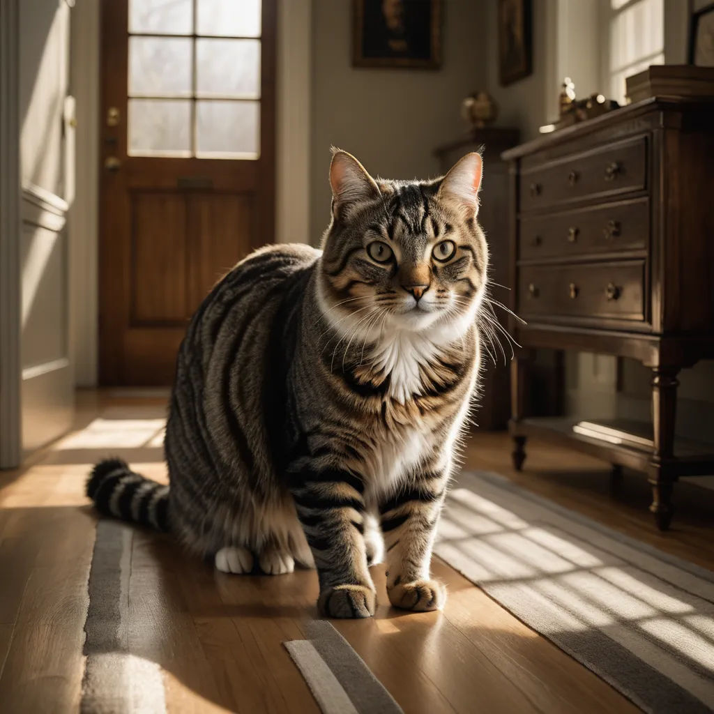 a cat walking across a wooden floor in a room with a dresser and a mirror on the wall behind it, photorealism, a photorealistic painting, Felix Octavius Carr Darley, photorealistic lighting
