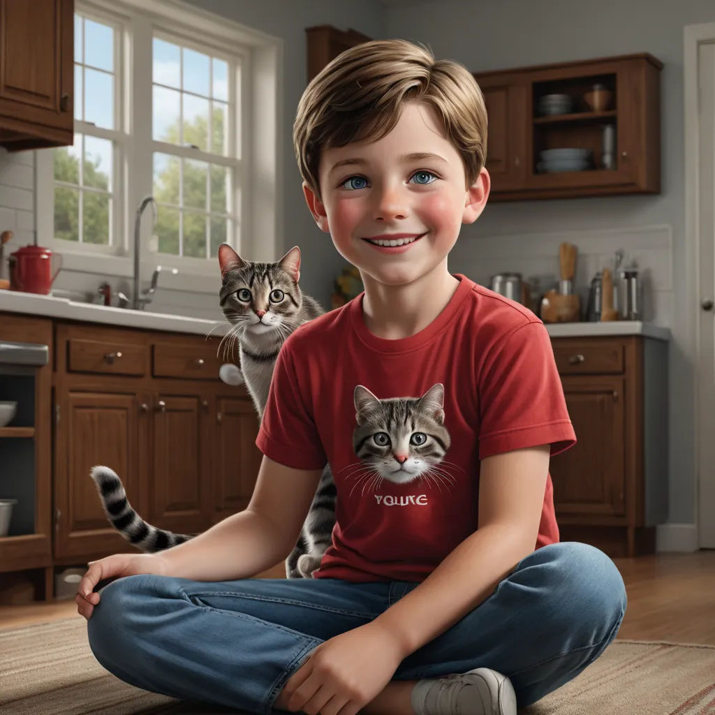 a boy sitting on the floor with a cat on his chest and a cat on his shoulder behind him, photorealism, a photorealistic painting, Bob Byerley, highly detailed digital painting