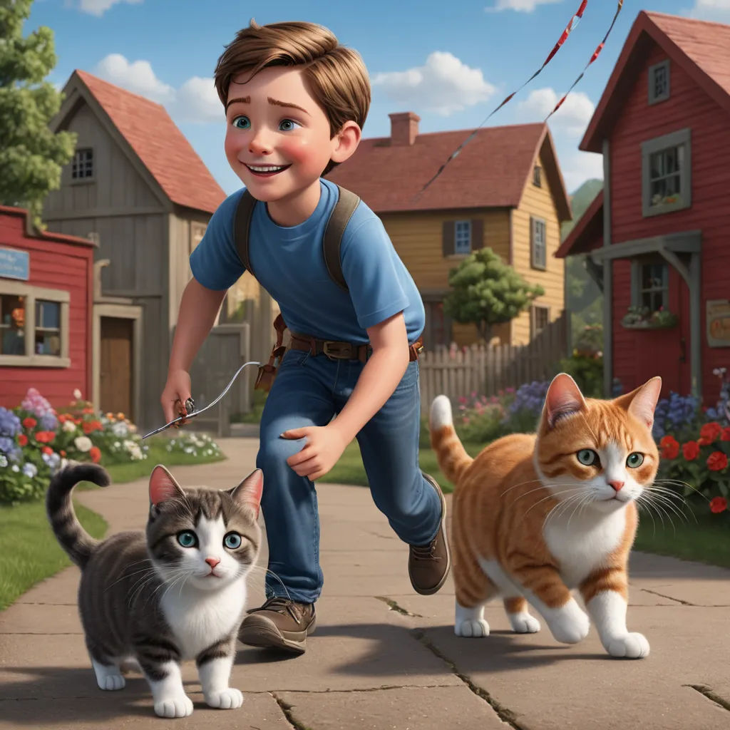 a boy is running with two cats on a sidewalk in front of a house and a kite in the air, sots art, a storybook illustration, Chris LaBrooy, promotional image