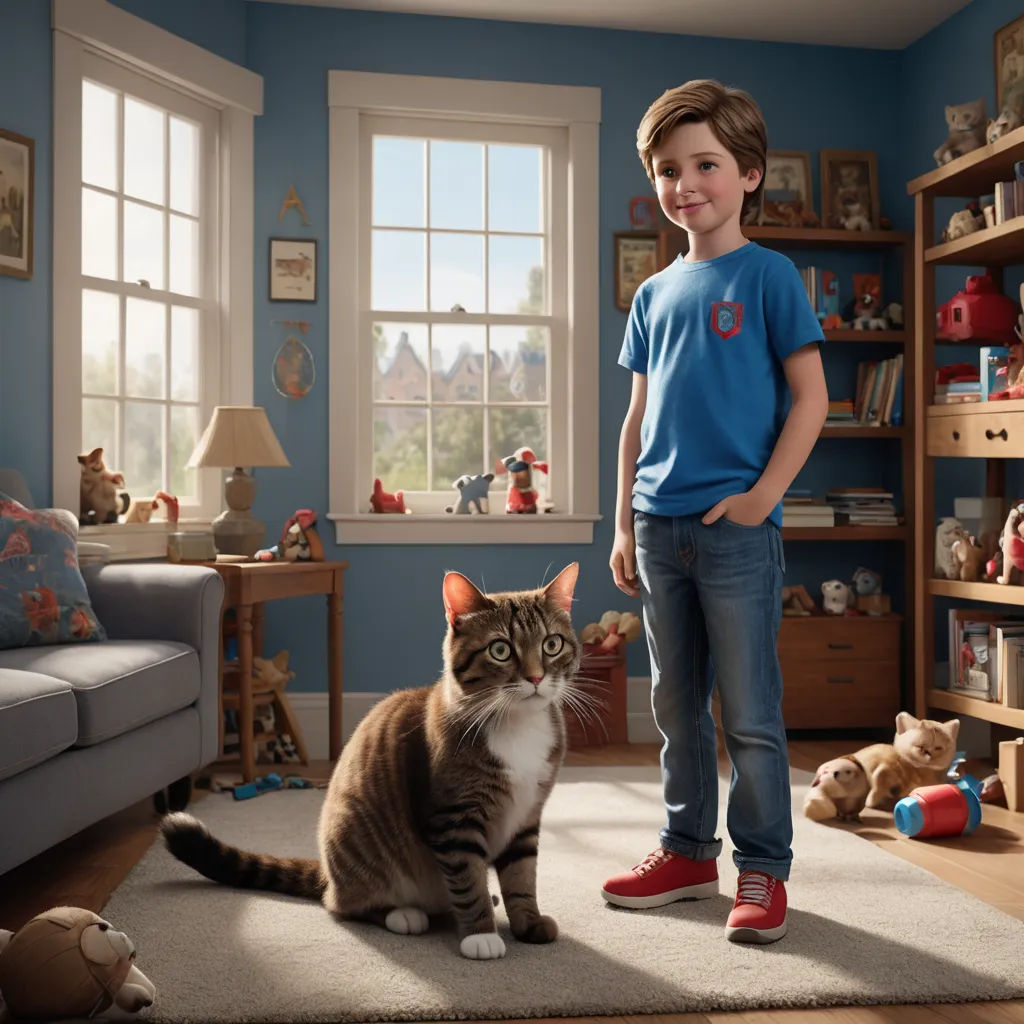 a boy standing in a living room with a cat on the floor and a teddy bear on the floor, photorealism, a storybook illustration, Chris LaBrooy, promotional image