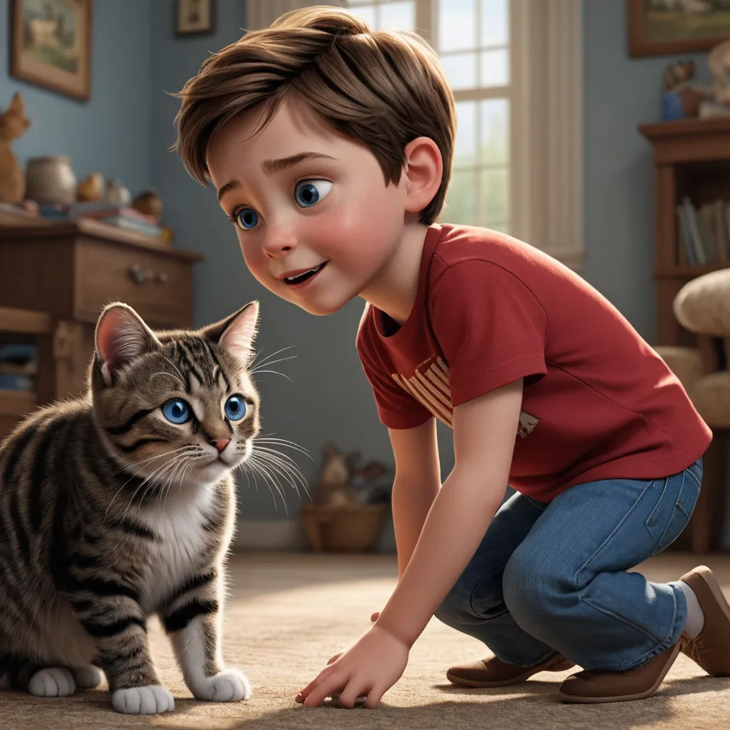 a boy is petting a cat in a cartoon scene with a cat nearby on the floor and a cat looking at him, photorealism, a computer rendering, Felix-Kelly, pixar and disney animation