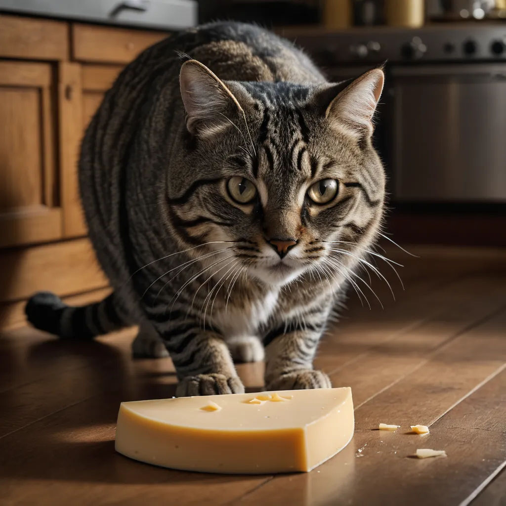a cat is walking on a wooden floor near a piece of cheese on the floor and a knife in front of it, superflat, a stock photo, Christopher Williams, professional food photography