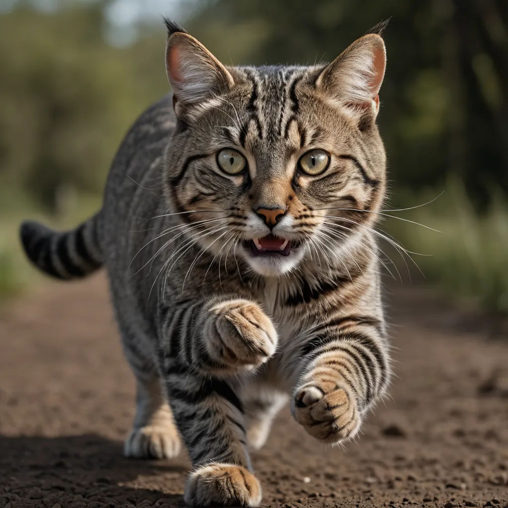 a cat running across a dirt road towards the camera with its paws in the air and it's mouth open, art photography, a stock photo, Carlos Catasse, animal photography