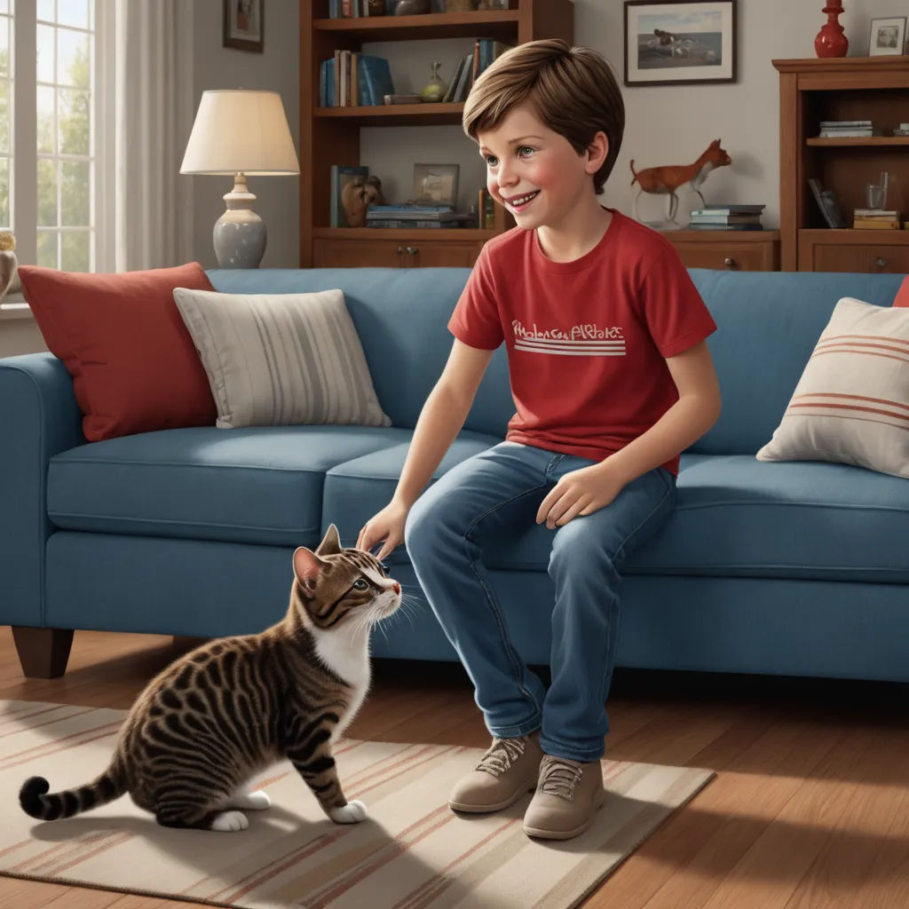 a boy sitting on a couch petting a cat on the floor in front of a blue couch with a cat on it, photorealism, a digital rendering, Chris LaBrooy, promotional image